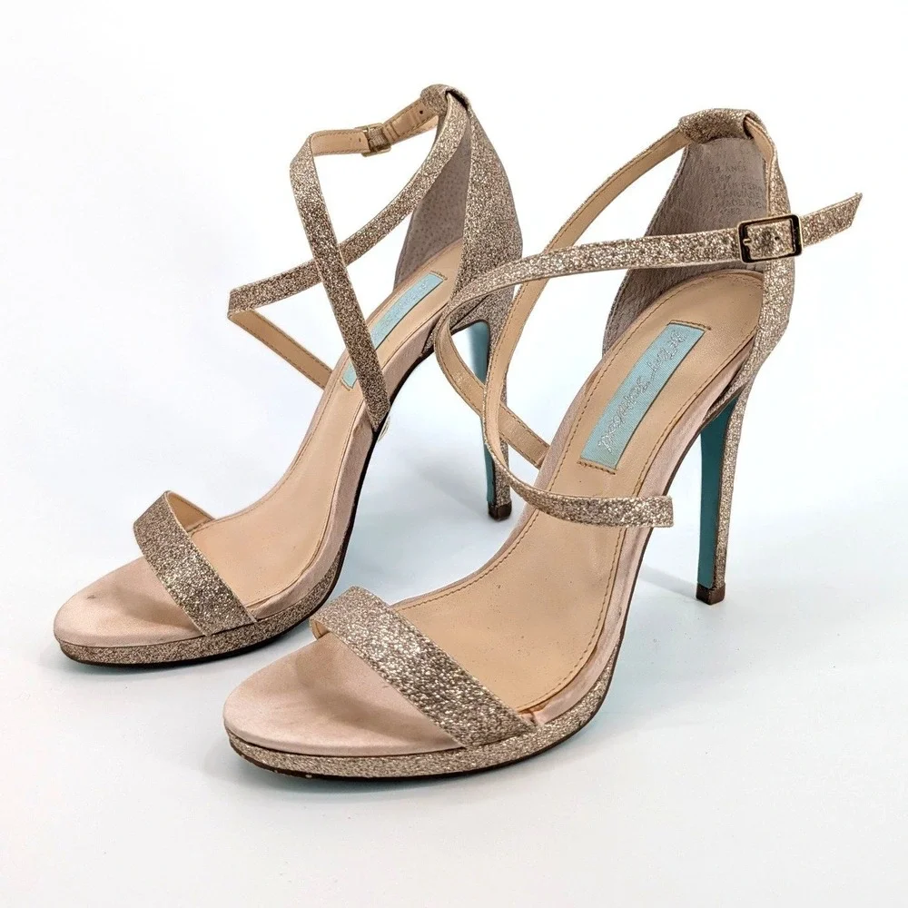 Blue by‎ Betsey Johnson ANDI Champagne Gold Glitter Platform Heels Size 6.5M